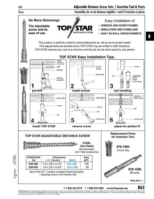 "Top Star" Adjustable Distance Screw 1/4 X 3/8 X 2-1/2" (6.0 X 60Mm) Low Carbon Steel Zinc Plated   038-200