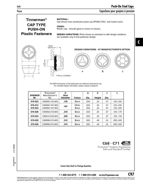Push-On Fastener Cap Type For .312" Stud Dia Plastic Cap Black   076-029