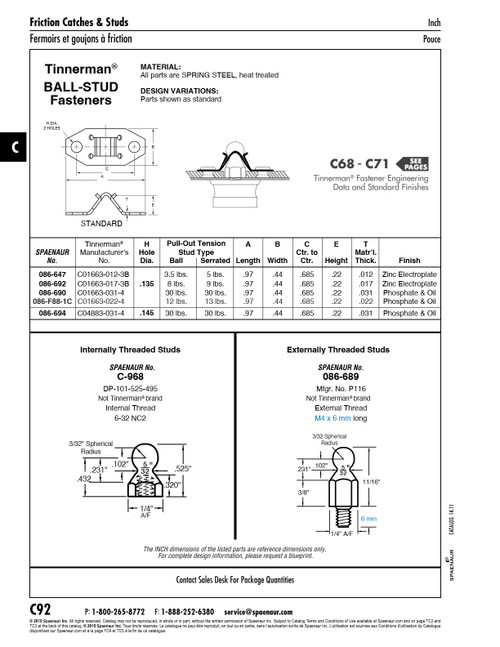 Ball Stud Receptacle (Speed Clip) .135" Hole Dia. X .970" Lgth X .012"Thk Spring Steel Zinc Electroplate   086-647