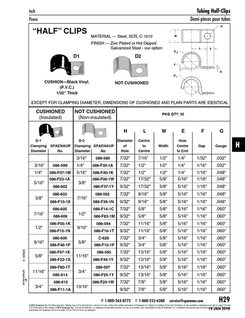 "Half" Clip 5/16" Clamp Dia. 7/32" Hole Dia .500" C To C Steel Zinc W/Clear Chromate   086-F40-1K