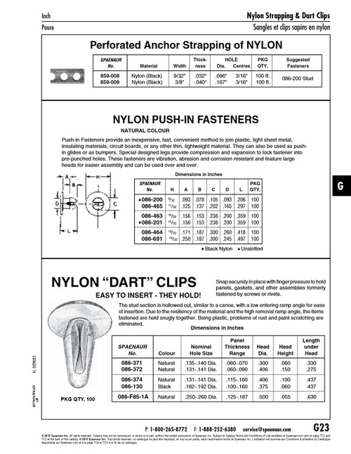 Dart (Arrow) Clip Fastener .250"-.260" Hole Size .125"-.187 Grip Capacity .600" Shank Lgth Natural Nylon   086-F85-1A