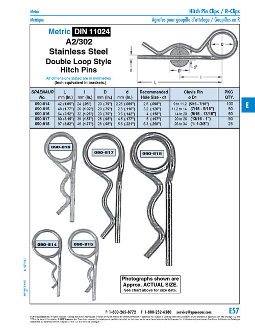 Double Style Hitch Pin Din 11024 3.6Mm Wire X 64Mm Lgth 301/302 Stainless Steel   090-816
