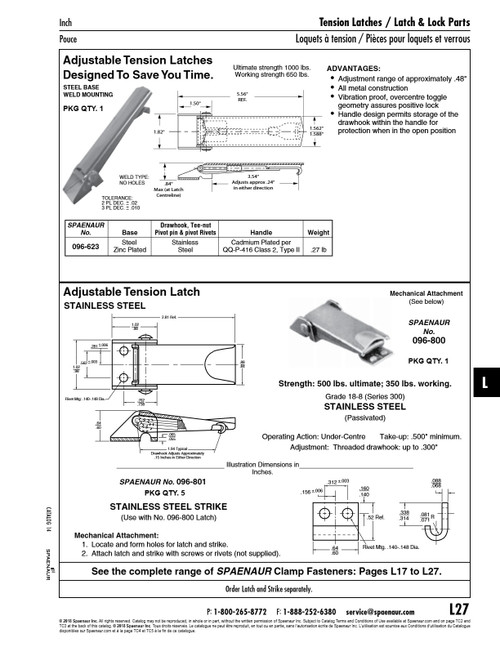Tension Latch Weld Mounting Steel Zinc Plated Base Smooth Handle Cadmium Plate With Stainless Drawhook Pivot Pin & Pivot Rivets   096-623