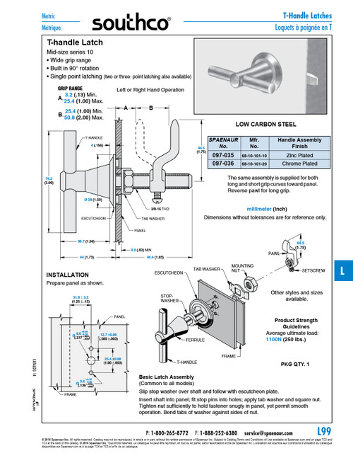 T-Handle Latch (Mid-Size Series 10) Single Point Latching 3" Handle Low Carbon Steel Handle Chrome Plated   097-036