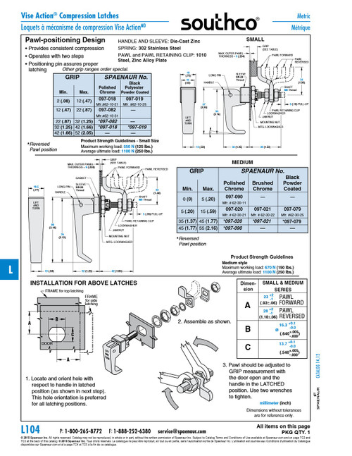 Lift & Turn Latch Pawl Positioning Design Grip Range Min 45(1.77) Max 55(2.16) Die Cast Zinc Polished Chrome   097-090