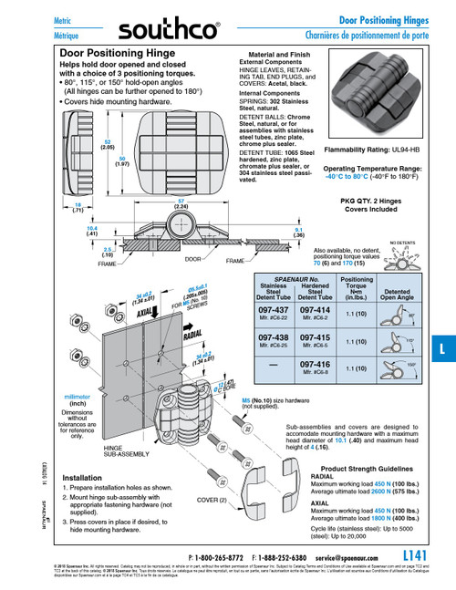 Door-Positioning Hinge W/Covers No Detents (Free-Swinging) Acetal Black Hardened Steel Zinc Plt Detent Tube (#10/M5 Mountng Hrdwr Not Supplied)   097-209