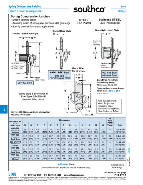 Medium Slotted Head Spring Latch Rivet Type Smooth Spring .06 To .38" Grip Steel Zinc Plated   097-L12-1K