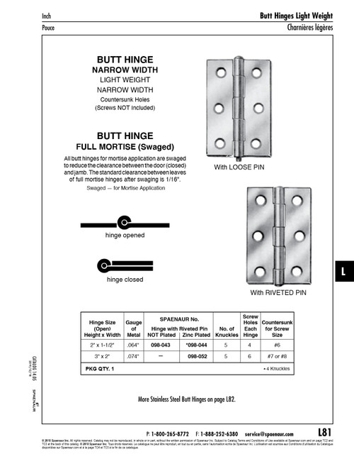 Mortise Hinge Narrow Width Full (Swaged) Light Weight Rivet Steel Pin Countersunk Holes 3" H X 2" W X .075" Gauge Steel .187" Spun Pin Zinc Plated   098-G13-1P