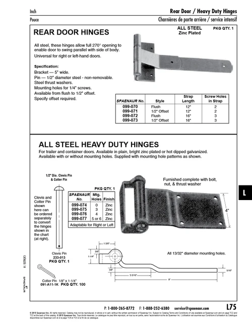Rear Door Hinge Flush Type 12" Long Strap Steel Zinc Plated   099-070