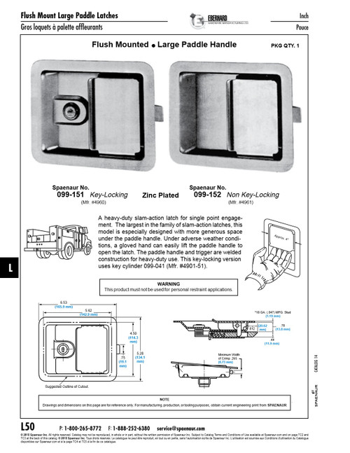 Flush Mounted Large Paddle Handle Slam Latch Non Key Locking 6.53" Wide X 5.28" Long Steel Electronzinc Plated   099-152