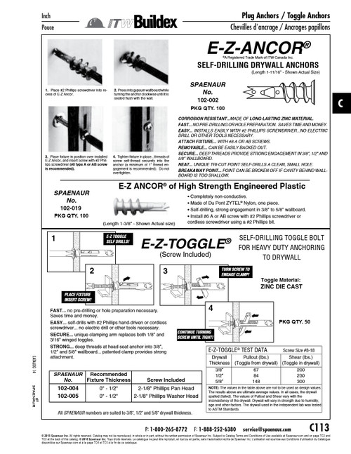 E-Z Ancor Self-Drill Drywall Anchor For Up To 5/8" Drywall Use With #8 Screw Zinc Alloy   102-002