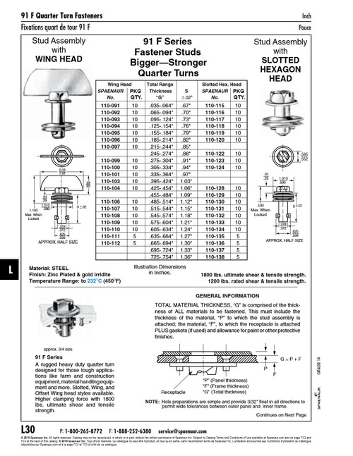 1/4-Turn Fastener Stud Assembly Slotted Hex Head For 0.305-0.334" Total Thickness Steel Zinc Pl W/Gold Irridite   110-124