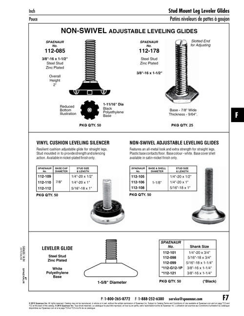 Leveling Glide Non-Swivel Adjustable Plastic Base White 1 1/8" Base 1/4"-20 X 1/2" Stud Steel Nickel Plated/Plastic   112-105