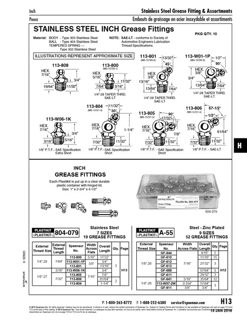 67-1/2 Degrees Grease Fitting 1/8"P.T.F. Short 7/16"Hex 61/64"O/A Ht Stainless Steel Plain   113-806