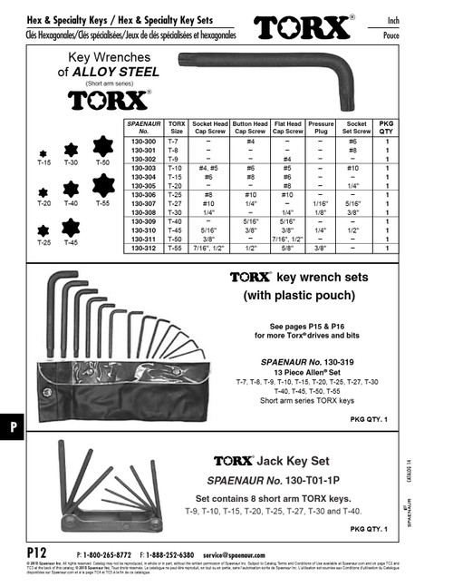 Torx Key Wrench Short Arm T-30 Alloy Steel Plain   130-308