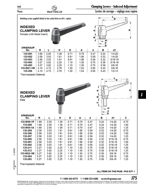 Indexed Clamping Lever Male 3.03" Length 5/16"-18 X 3/4" Stud 1.81" Overall Height Thermoplastic Material Black   135-090