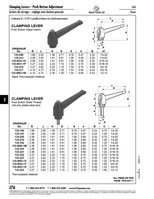 Push Button Clamping Lever Male 3.82" Length 3/8"-16 X 1-1/4" Stud 2.25" Overall Height Thermoplastic Material Black   135-W23-1X