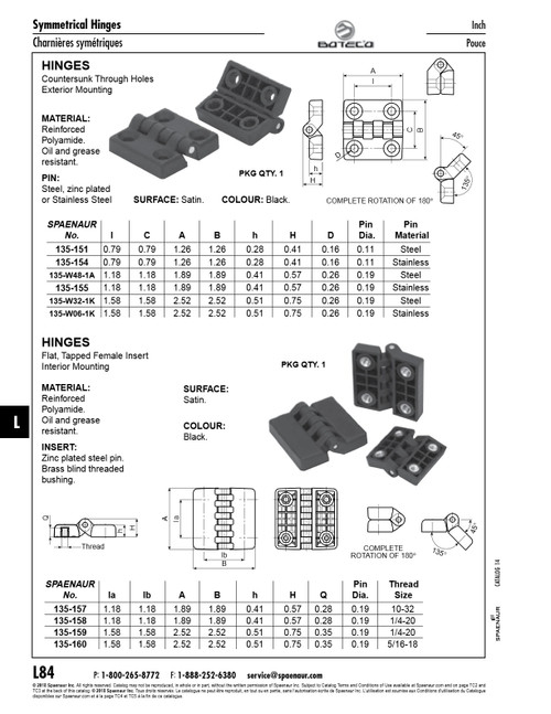 Plastic Hinge 4 Through Holes 1.89" X 1.89" X 0.41" Thick Thermoplastic Material Black Zinc Plated Pin   135-W48-1A