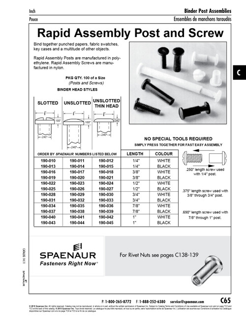 Binder Post & Screw (Nylon) Slot Head Rapid Assembly .240" Dia X 7/8" Lg Polyethylene Post Black Colour   190-037