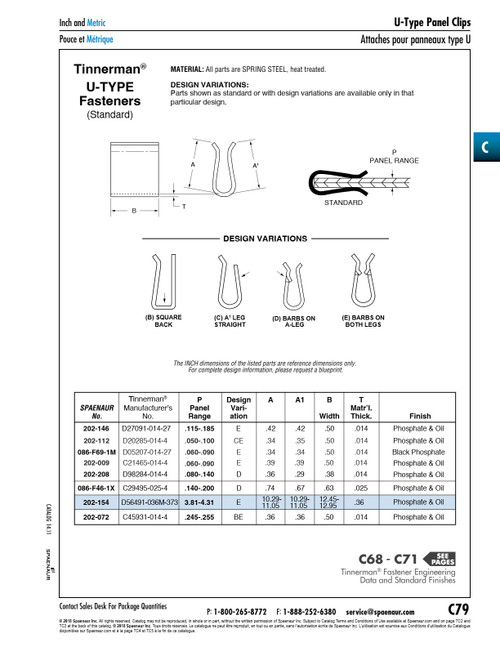 "U" Type Clip .115-.185" Panel Range .42"L X .50"W X .014"Thk Spring Steel Heat Treated Phosphate & Oil   202-010