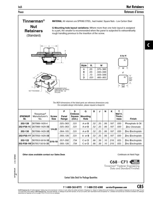 Nut Retainer 1/4"-20 Unc Panel Range .093"-.126" Spring Steel Zinc Electroplate   202-P35-1Y