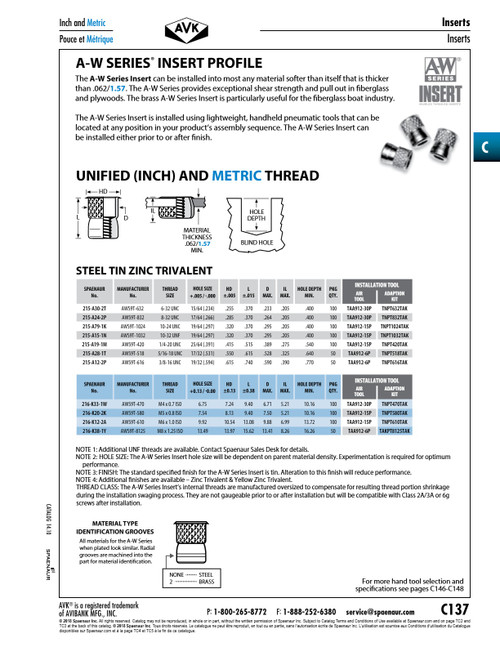 A-W Series Knurled Threaded Insert 5/16"-18 Unc X .615" Lgth Steel Trivalent Tin Zinc Plated   215-A28-1T
