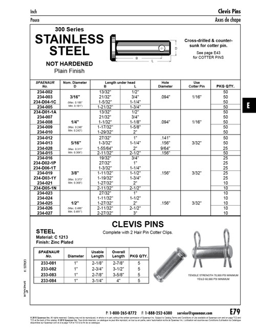 Clevis Pin 1/2" X 1" 300 Ss   234-023