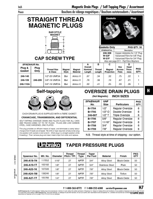 Magnetic Plug Straight Thread Cap Screw Type With Gasket 3/4"-16 Unf-2A Steel Plain - Bar Magnet Alnico V (246-142 + W-57F)   246-110A