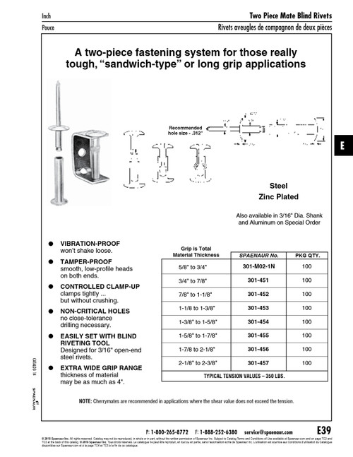 Blind Rivet With Steel Sleeve Mandrel Tubular Components 1/4" Dia X 5/8"-3/4" Grip Steel Zinc Plated   301-M02-1N