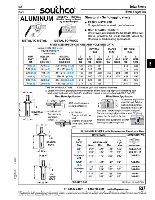 Drive Rivet Universal Head 1/8" Dia X 1/4" Lg 5/32" Nom Grip 2117 Aluminum Rivet / 302Ss Pin   304-K01-1A