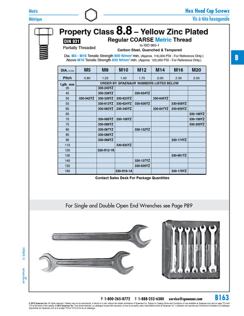 Hex Head Cap Screw Din 931 M10 X 1.50 X 70Mm Partial Thread Class 8.8 Steel Yellow Zinc Plated Din 931/8.8-Yz M10X70   330-106YZ