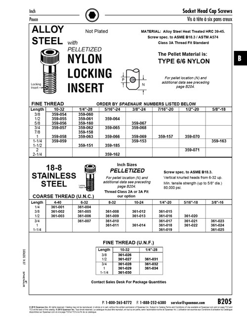 Hex Socket Cap Screw With Pelletized Nylon Insert #10-32 Unf X 1" Alloy Steel/Nylon Insert Not Plated Ansi B18.3-1986   359-058