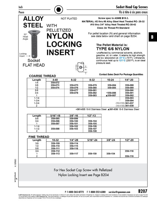 Flat Head Hex Socket Cap Screw With Pelletized Nylon Insert #10-24 Unc X 1" Alloy Steel Plain/Nylon Insert Ansi B18.3-1986   359-087
