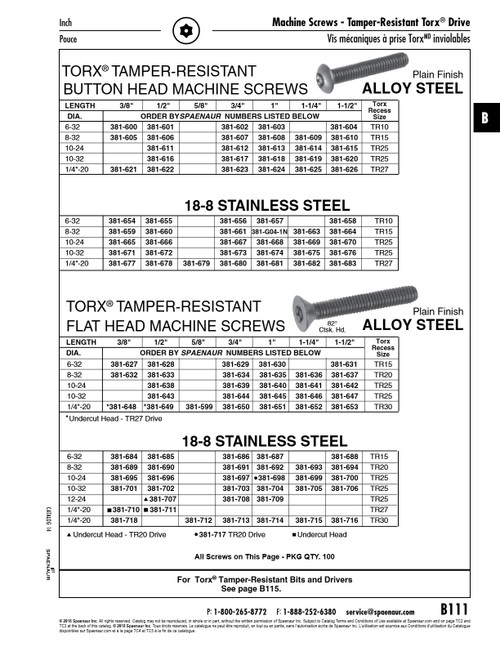 Button Head Torx Tamper-Resistant Machine Screw #10 - 24 Unc X 1-1/2" (T-25) 18-8 Stainless Steel   381-670