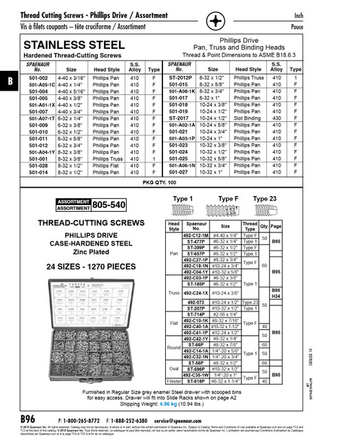Thread-Cutting Screw Phillips Pan #8-32 Unc X 3/8" Long Type F 410 Stainless Steel Hardened   501-A04-1Y