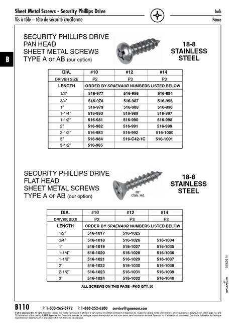 Security Sheet Metal Screw Phillips-Pin Pan Hd #14 X 3" Type A 18-8 Stainless Steel   516-1001