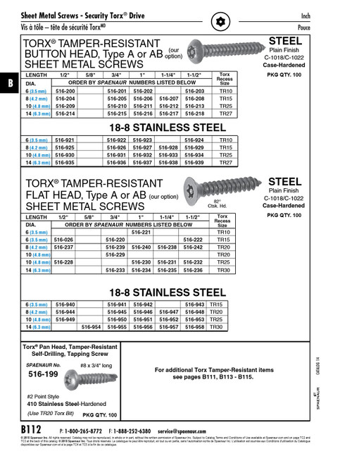 Button Head Torx Tamper-Resistant Sheet Metal Screw #14 X 1 1/4" (T-27) 18-8 Stainless Steel   516-938