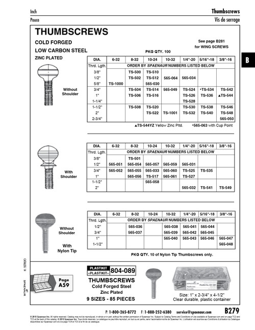 Thumbscrews With Shoulder #10-24 Unc X 1/2" Long Low Carbon Steel Zinc Plated   565-057