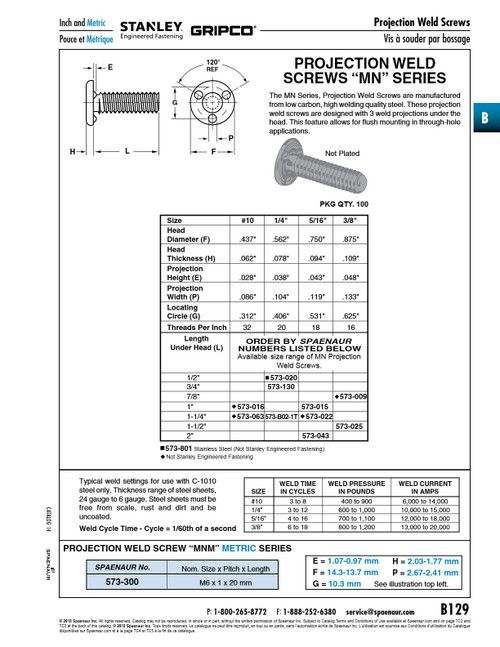 Projection Weld Screw 3 Weld Projections Under The Head 1/4"-20 Unc X 1 1/4" C1010 Low Carbon Steel Plain Finish   573-B02-1T