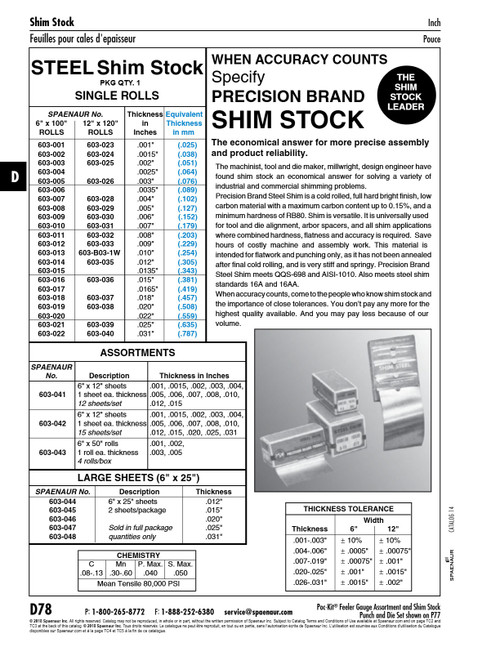Shim Stock Assortment (12 Sheets) 6" X 12" Sheets (.001" To .015" Th) Low Carbon Steel C1010 Not Plated   603-041