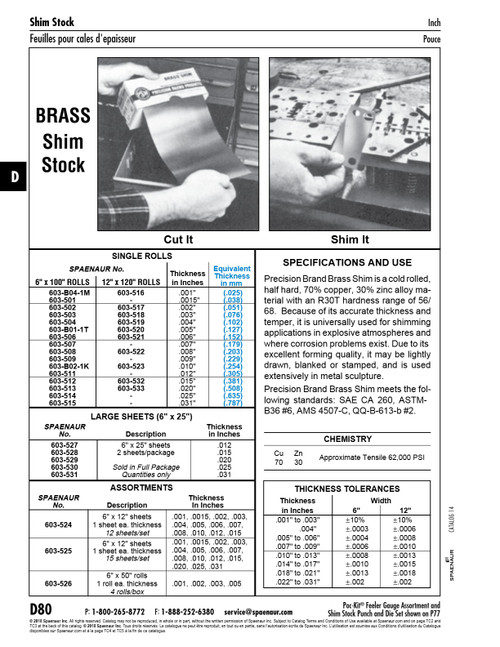 Shim Stock .0015"(.038Mm)Th X 6" X 100" Roll Brass Plain 100" Per Pack   603-501