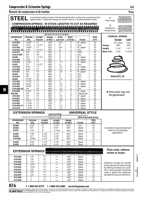 Utility Spring Compression Type Squared Or Closed Ends 6 Coils/In. 5/8" Od 10"L O/A 0.080"Gauge Wire Mb Hard Drawn Spring Steel Wire Zinc Plated   610-047