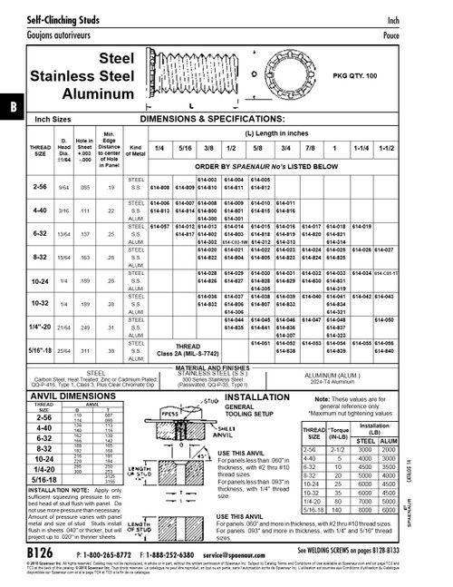 Self-Clinching Stud 5/16" - 18 Unc X 3/4" Lgth 300 Stainless Steel Passivated   614-838
