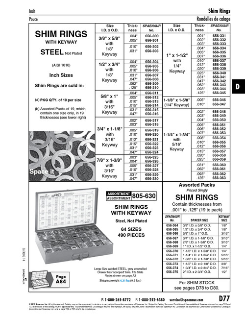Arbor Spacer With 5/16" Keyway 1-1/4" Id X 1-3/4" Od X .004" Thk Steel Aisi 1010 Plain Finish   656-350