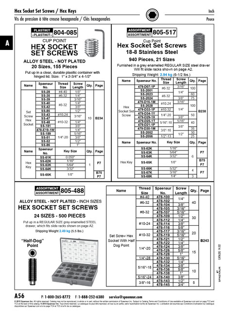 Assortment Of Stainless Steel Hex Socket Set Screws With Keys   805-517