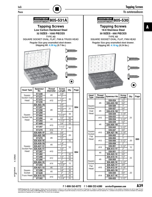 Assortment Of Square Socket Drive Tapping Screws 18-8 Stainlss Steel In Metal Box   805-530