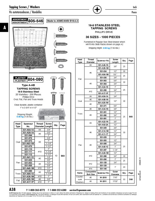 Assortment Of Stainless Steel Tapping Screws Phillips Drive W/Washers Ansi B18.6.4-1981   805-546