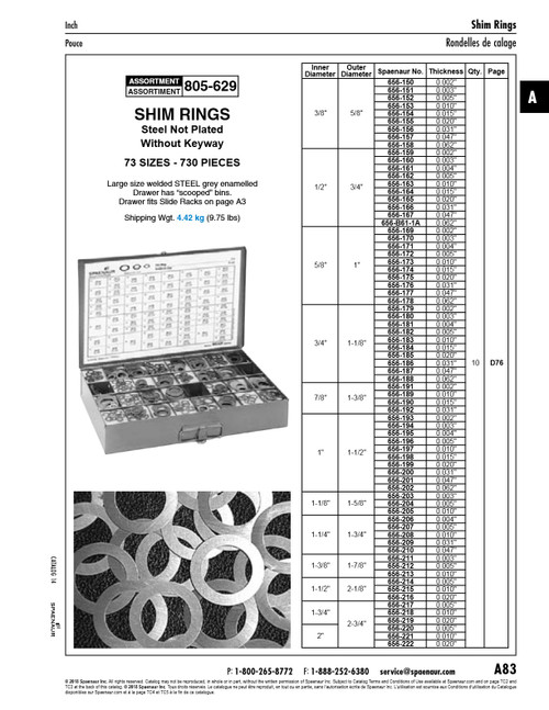 Assortment Of Steel Arbor Shims Without Keyway Inch Sizes In Metal Box   805-629