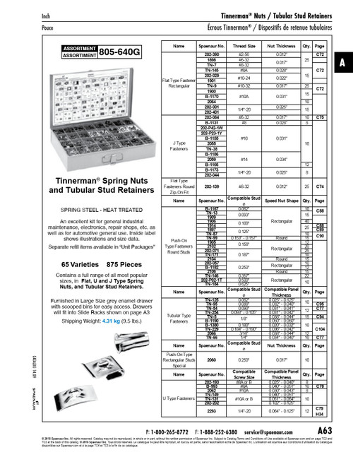 Assortment Of Spring Nuts And Tubular Stud Retainers 62 Varieties 875 Pieces In Metal Drawer   805-640G