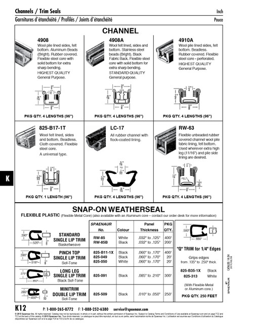 Flexible Unbeaded Channel Pile Lining For 3/16"-1/4" Glass 17/32" H X 5/8" W X 96" Length Cloth Covered Steel Core   825-B17-1T